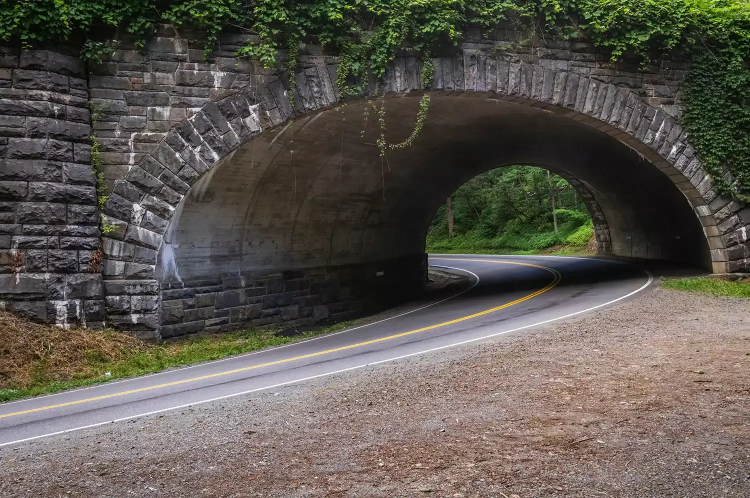 View of a tunnel on a scenic drive through the Smoky Mountains in East Tennessee.