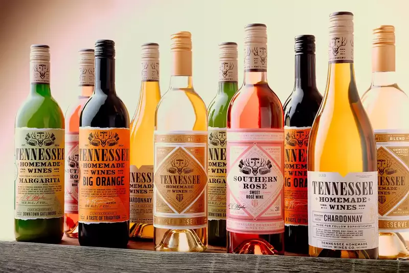 Various wine bottles from Tennessee Homemade Wines in Gatlinburg, Tennessee.
