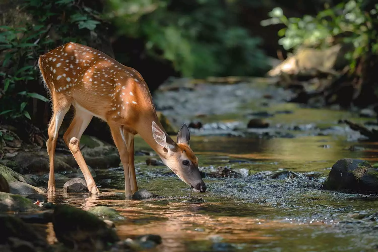 A deer drinking from a stream in the Smoky Mountains of East Tennessee.