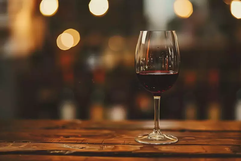 A glass of red wine sitting on a table at Tennessee Homemade Wines in Gatlinburg, Tennessee.
