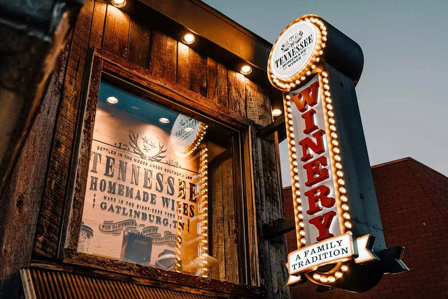 Storefront for Tennessee Homemade Wines in downtown Gatlinburg.
