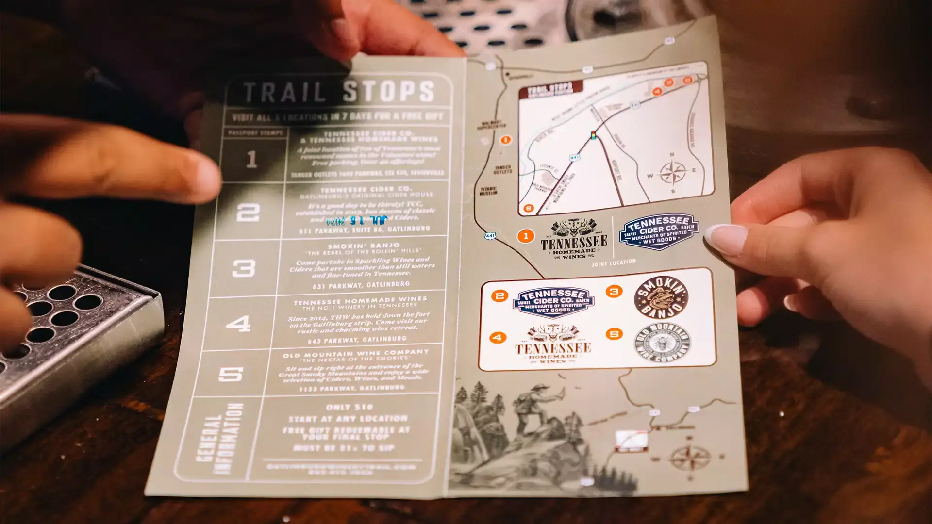 A handheld map the the Gatlinburg Winery Trail.